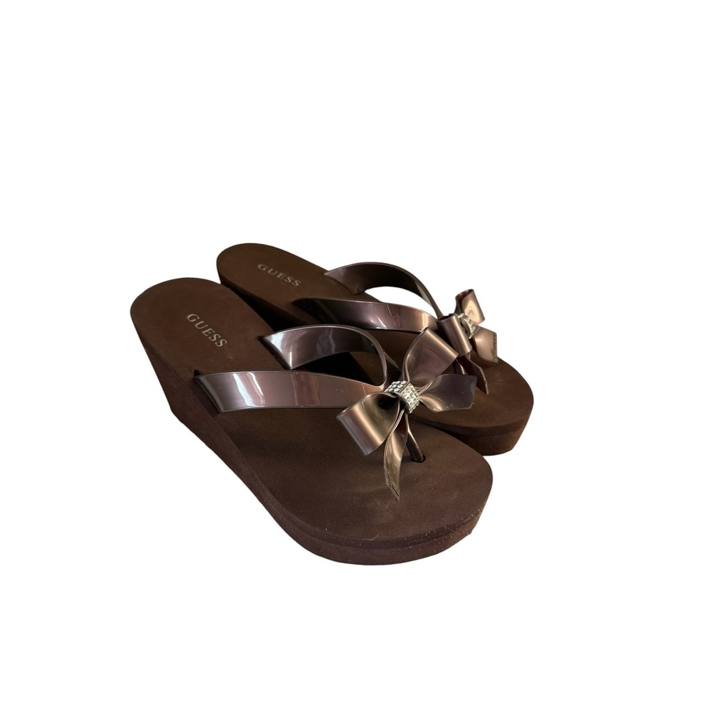 Guess Womens Platform Wedge Flip Flops Bronze Jelly Bow Rhinestone Y2K Sandals